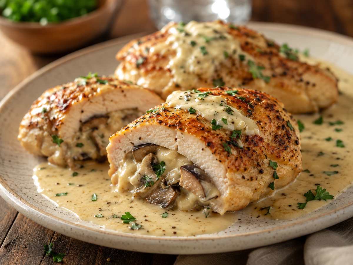 Cheesy Garlic Butter Mushroom Stuffed Chicken Recipe