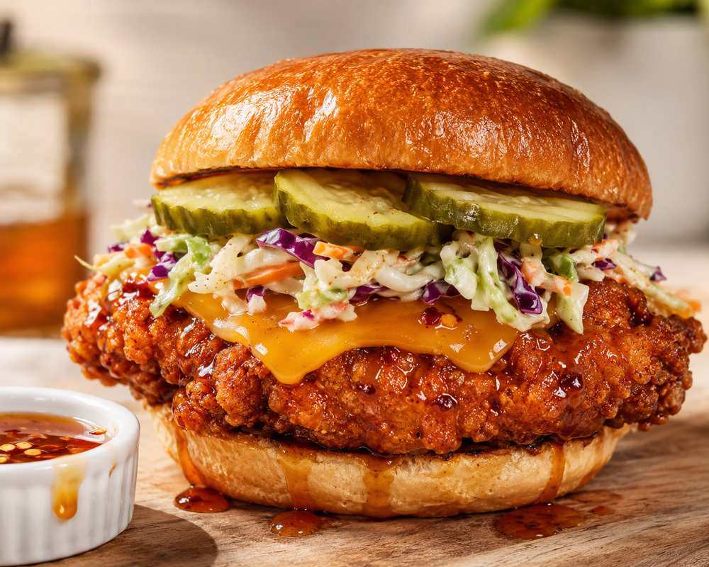 Crispy Hot Honey Chicken Sandwiches with Pickle Slaw