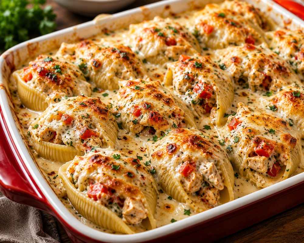 Cajun Chicken Stuffed Shells with Roasted Pepper Garlic Cream