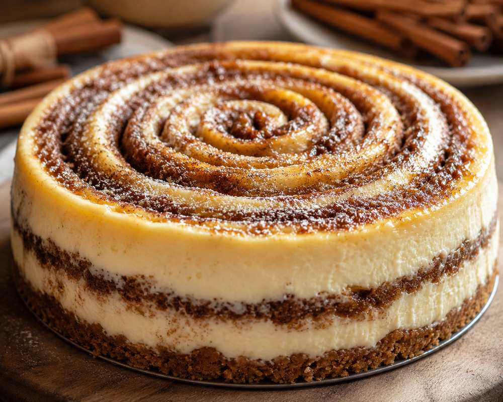 Cinnamon Roll Honeybun Cheesecake with a Gooey Cinnamon Swirl
