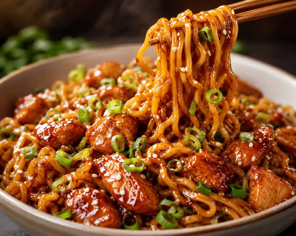 Glossy Scallion Honey-Garlic Chicken Noodles